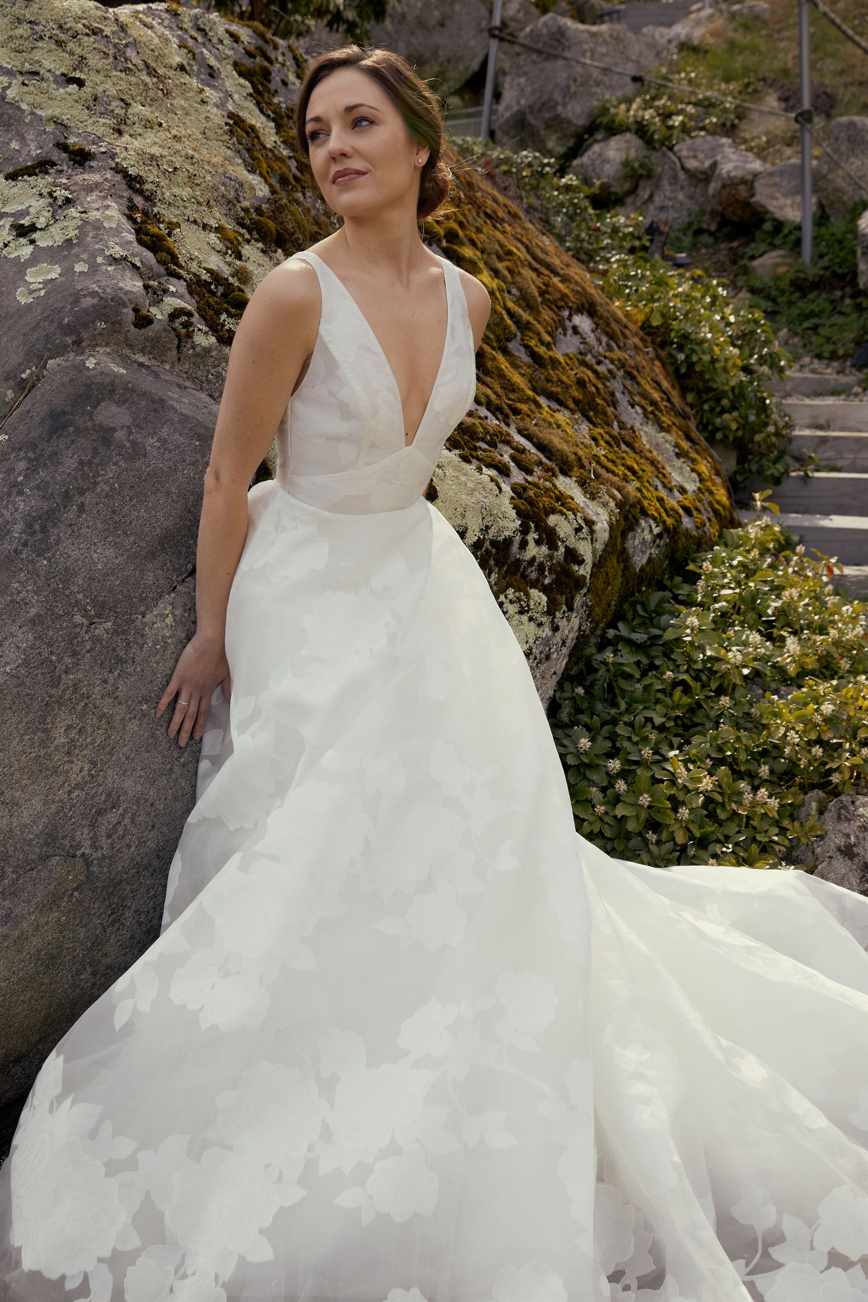 Model wearing Nouvelle Amsale wedding dress