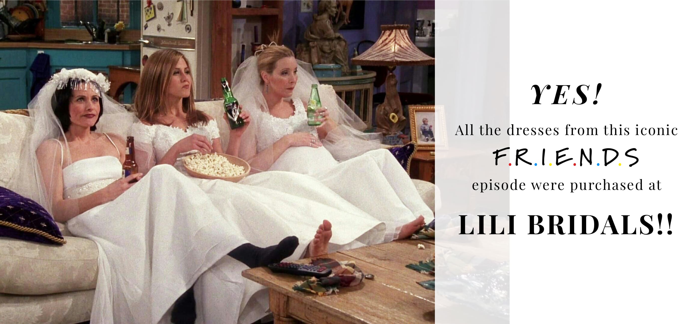F.R.I.E.N.D.S Cast Sitting In Wedding Dresses During An Episode From TV Show. Dresses Were Purchased At Lili Bridals. Desktop Image